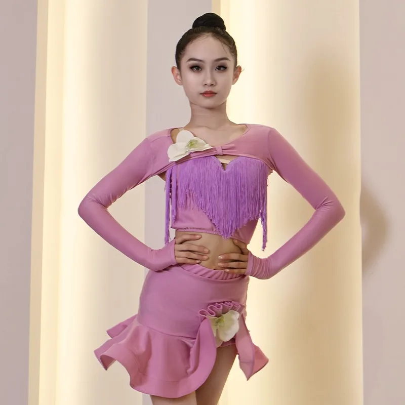 تنورة رقص لاتينية مخصصة للفتيات، أزياء مسرحية، مجموعة فساتين مسابقة قاعة الرقص للنساء