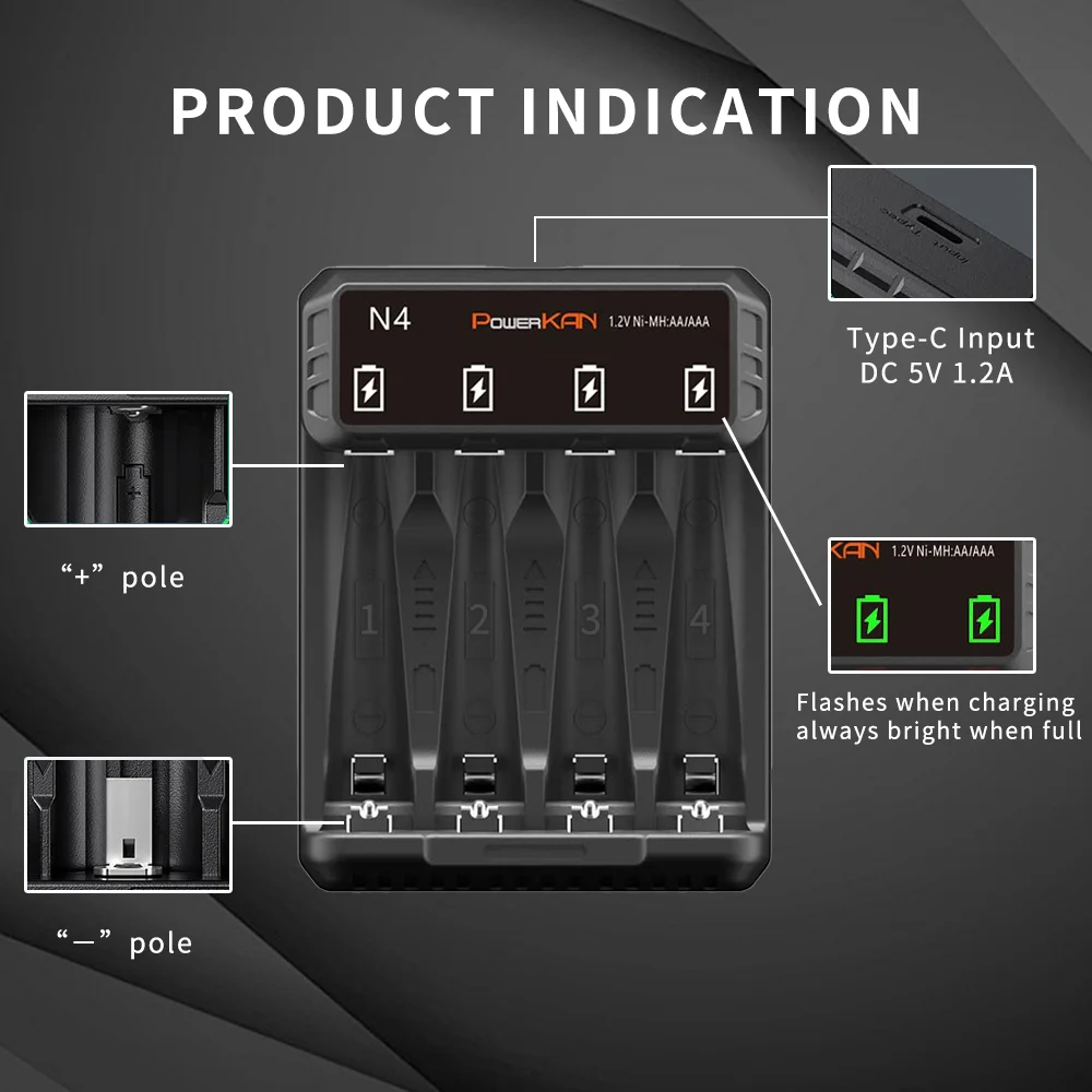 POWERKAN N4 Battery Charger LED Charging Display Supports 1~4 1.2V Ni-MH/Cd AA AAA Batteries to be Charged Simultaneously