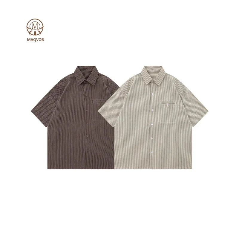 

HELLOMARCEL Luxury Apparel EU US Size Outdoor Cityboy Loose Fit Short Sleeve Stripe Shirt with Chest Pockets