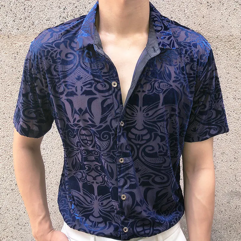

Casual Nightclub Shirt Men Sexy Abstract Art Shirt Fashion Transparent Black Blue Shirt Top See Through Stylish Shirts For Men