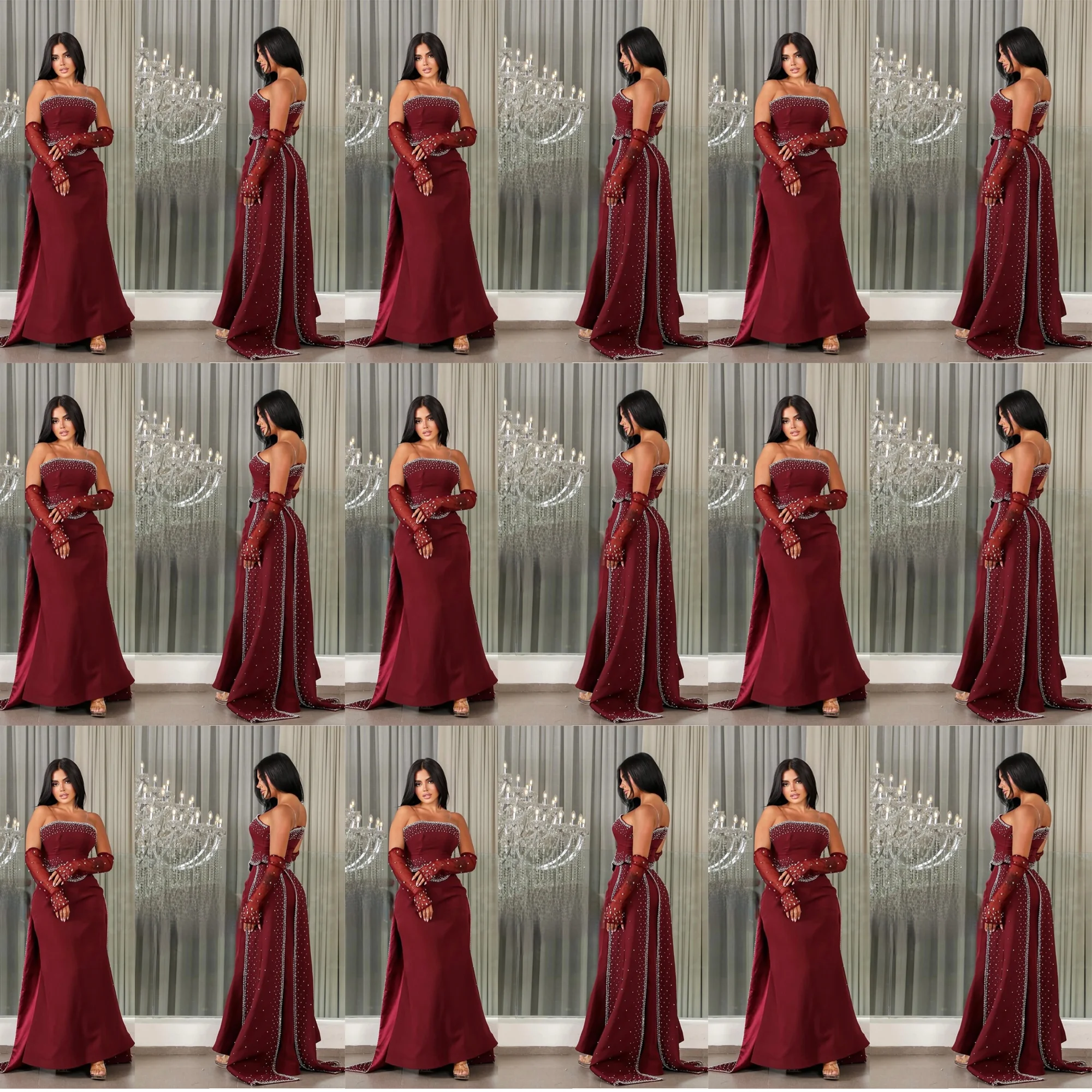 Robes de bal saoudiennes en Satin, manches détachables, captivantes, sans bretelles, avec gaine en cristal, dos nu, robe de soirée personnalisée, 3/4