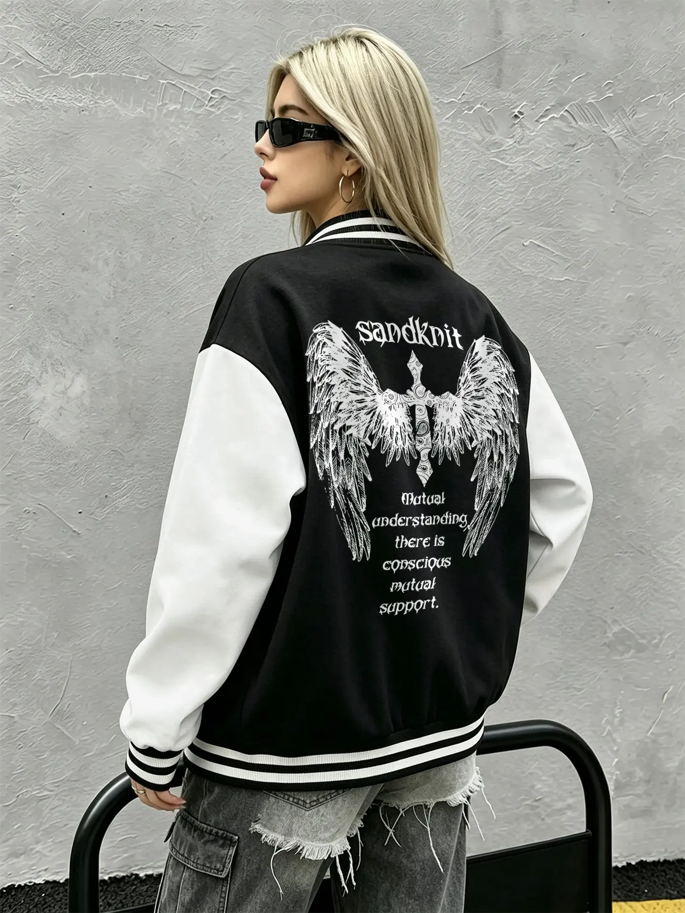 Wings cross Gothic font print unisex baseball jacket with pockets in front for autumn and winter