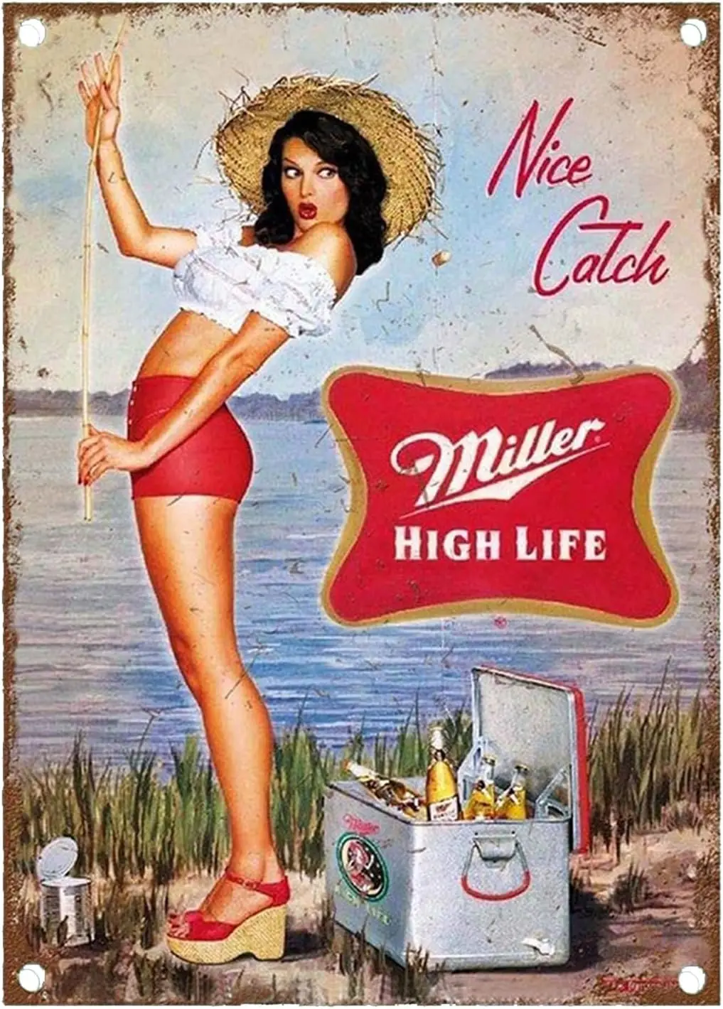 Vintage Metal Sign, Miller Beer Pin Up Girl Wall Decor, Bar Pub Kitchen Garage Decoration