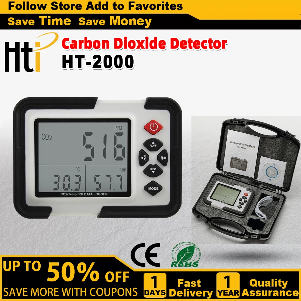 HTI HT-2000 Mini Handheld Multifunctional Air Quality Tester CO2 Meter Temperature Humidity Measuring Device Carbon Dioxide