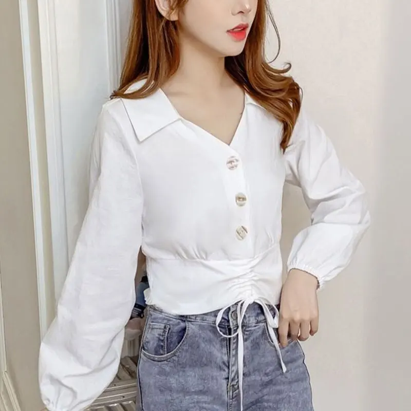 Women\'s Monochromatic Shirring Shirt, Korean Fashion, Long Sleeve, Temperament, All-Match Slim Tops, Spring Clothes, New Style