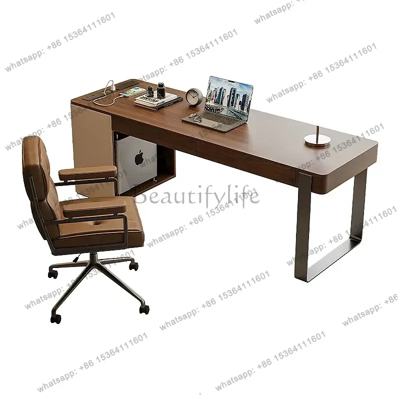 YJ Vintage Minimalist Saddle Leather Solid Wood Desk Office Table Walnut Veneer Luxury Computer Workstation