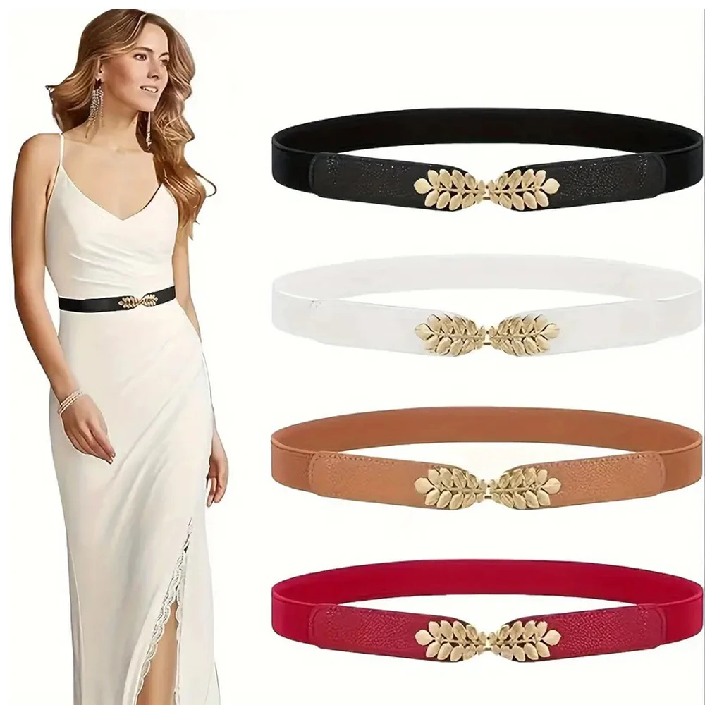 

Women Skinny Elastic Belt Ladies Fashion Leaf Alloy Buckle Retro Stretchy Thin Waist Belt for Dress Jeans Clothing Accessories