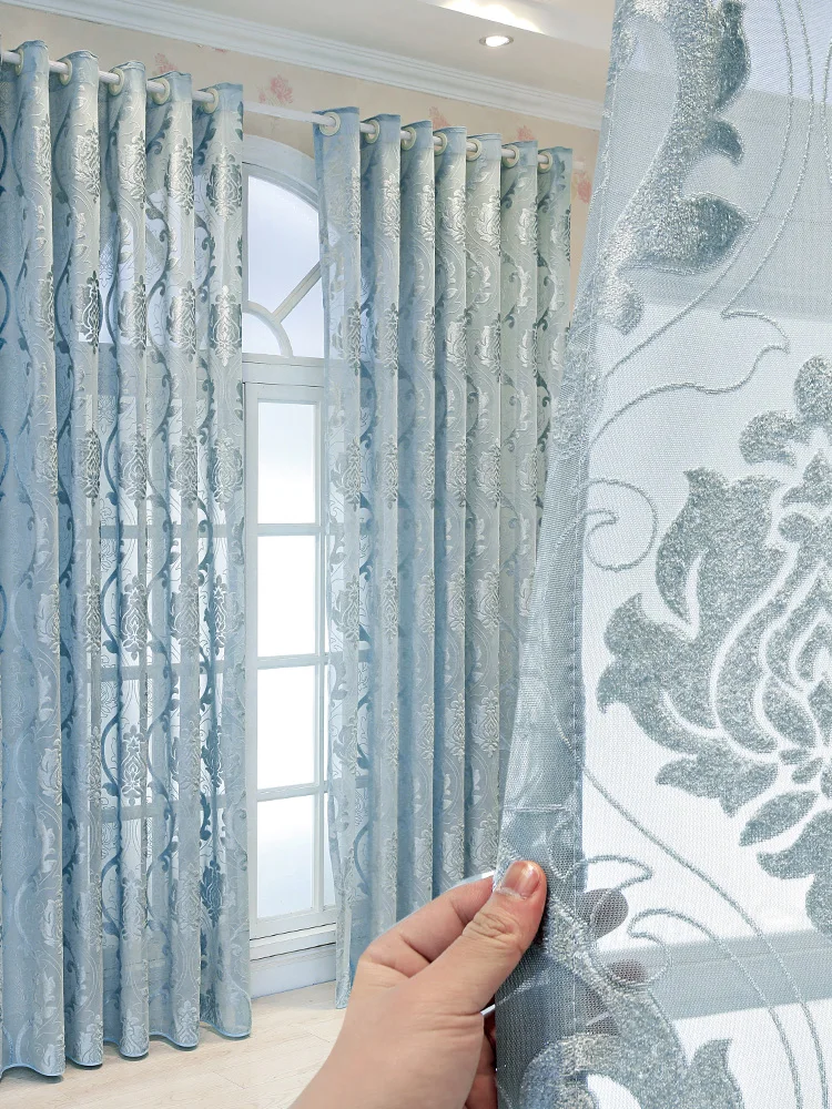 European Blue Velvet Geometry Tulle For Bedroom Jacquard Window Screen Curtains For Living Room Sheer Gauze Drapes #50