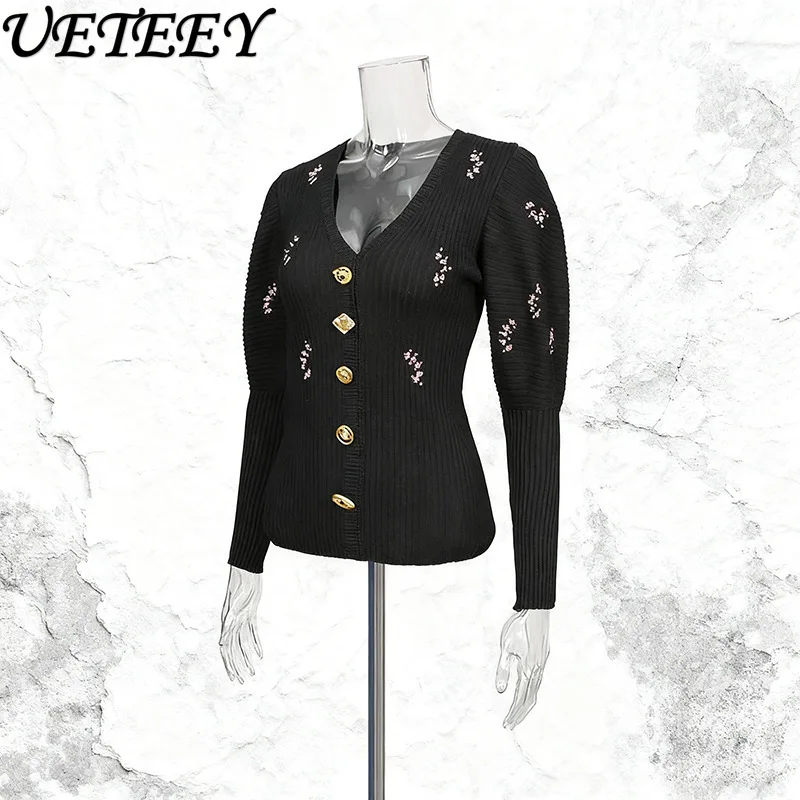 

Fashion Casual Black Knitted Sweater Top Sequins V-Neck Metal Buckle Long Sleeve Slim Waist Slimming Cardigan Sweater Women