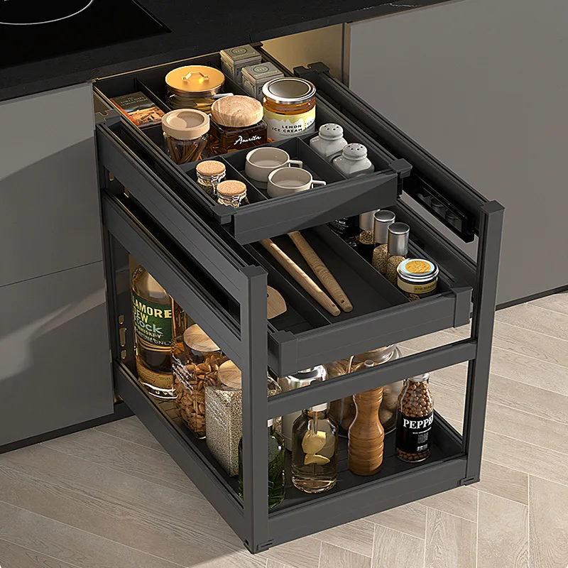 

Pull basket kitchen cabinet all aluminum alloy light luxury drawer type seasoning damping cabinet partition seasoning blue