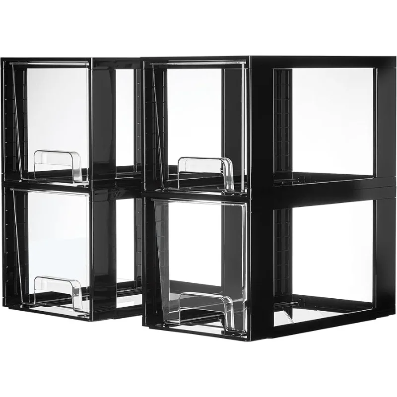 

4 Pack Large Stackable Storage Drawers,Black,Easily Assemble Acrylic Bathroom Closet Undersink Organizers and Storage,Plastic Bi