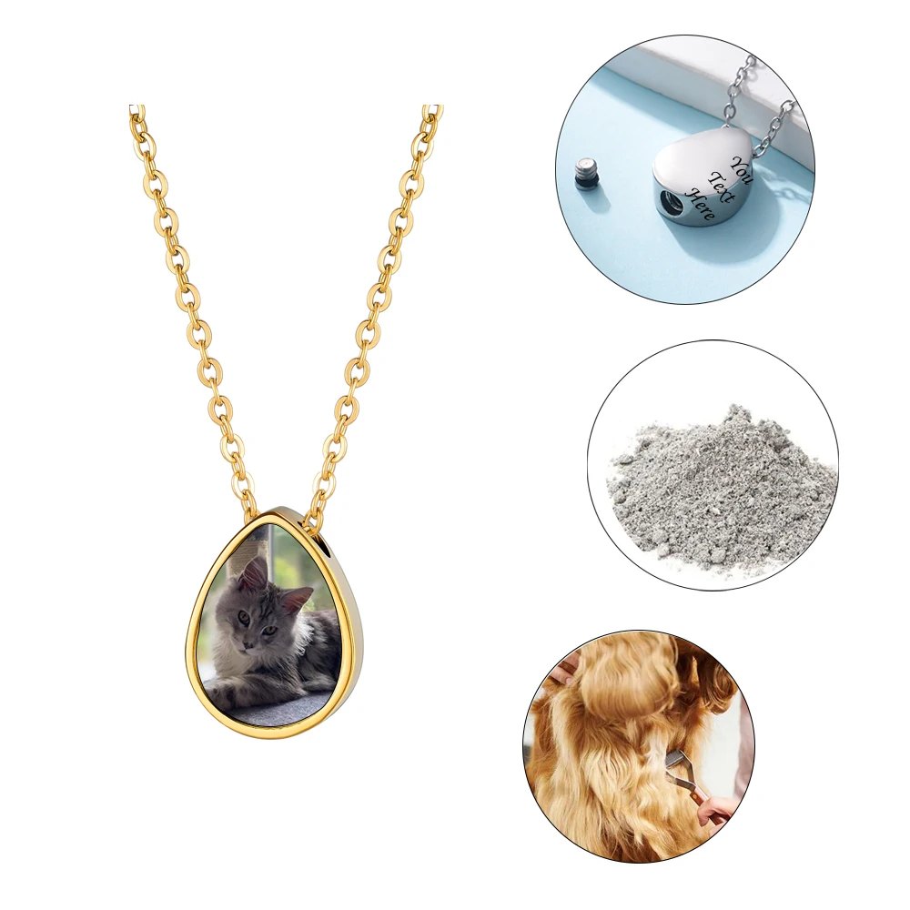 Custom Photo Pet Urn Necklace Stainless Steel Teardrop Pendant for Pet Ashes, Personalized Memorial Jewelry