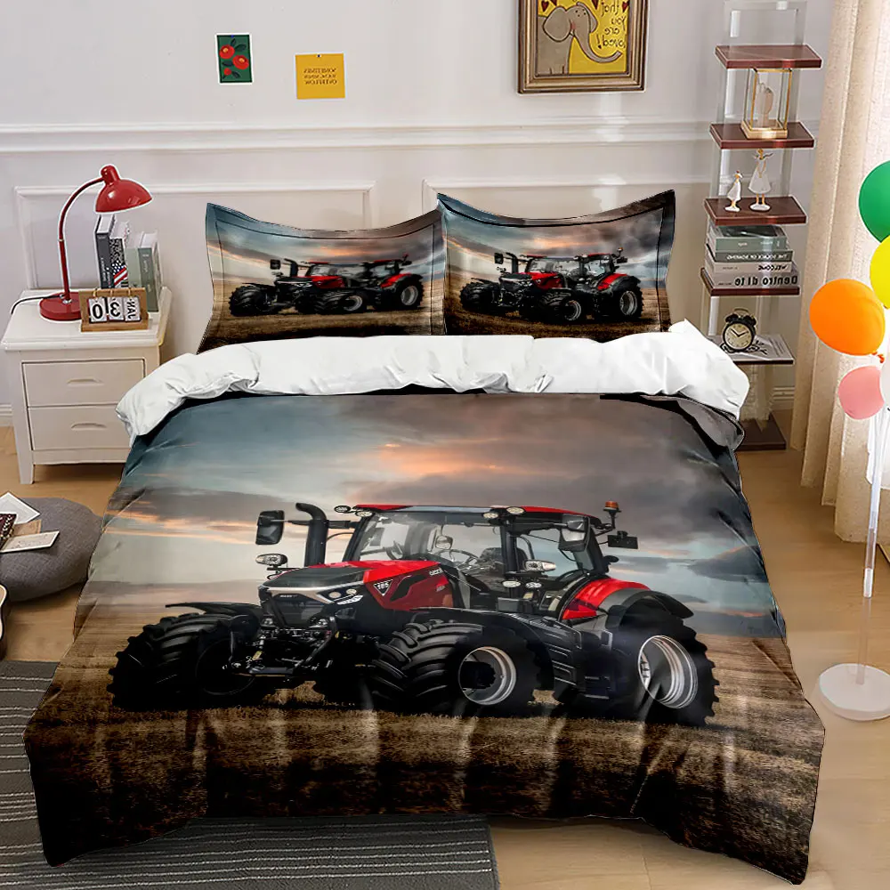 Red modern tractor parked in a field Print Bedding set 3PC 1 duvet cover 2 pillowcases adult and children bedding set Luxury