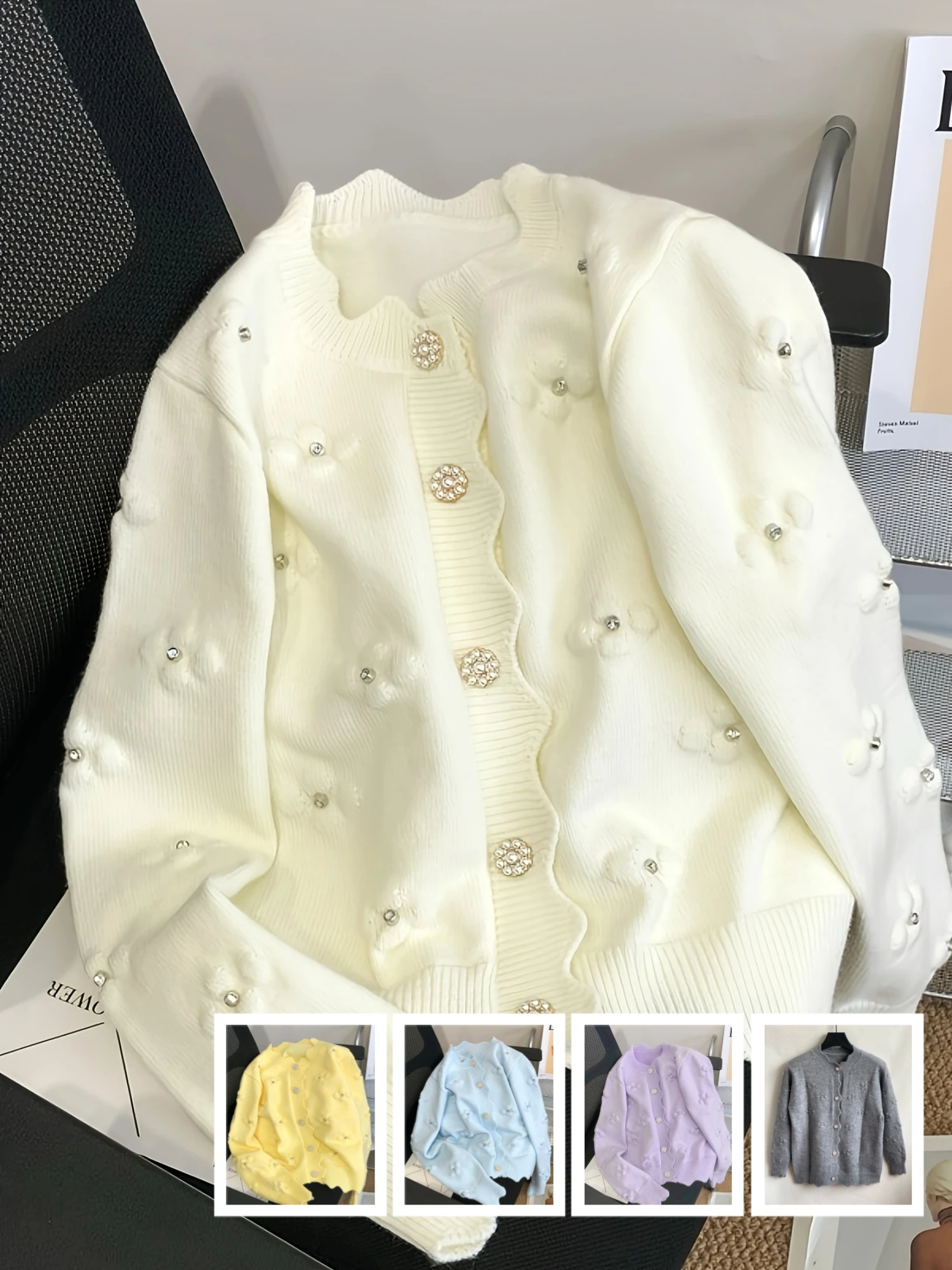 

Women's Three-Dimensional Floral Rhinestone-Decorated Wavy Edge Knit Cardigan, Sweet and Delicate Style Beaded Round Neck Cardigan, Women's Spring and Autumn Everyday Date Outfit