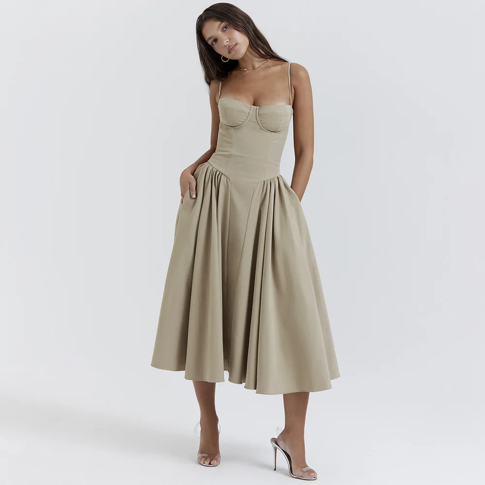 Sommer Frauen elegante ärmellose rücken freie Falten kleider Dame sexy feste Schlinge Midi-Kleid 2024 weibliche Party Abend A-Linie Roben – Detail 11