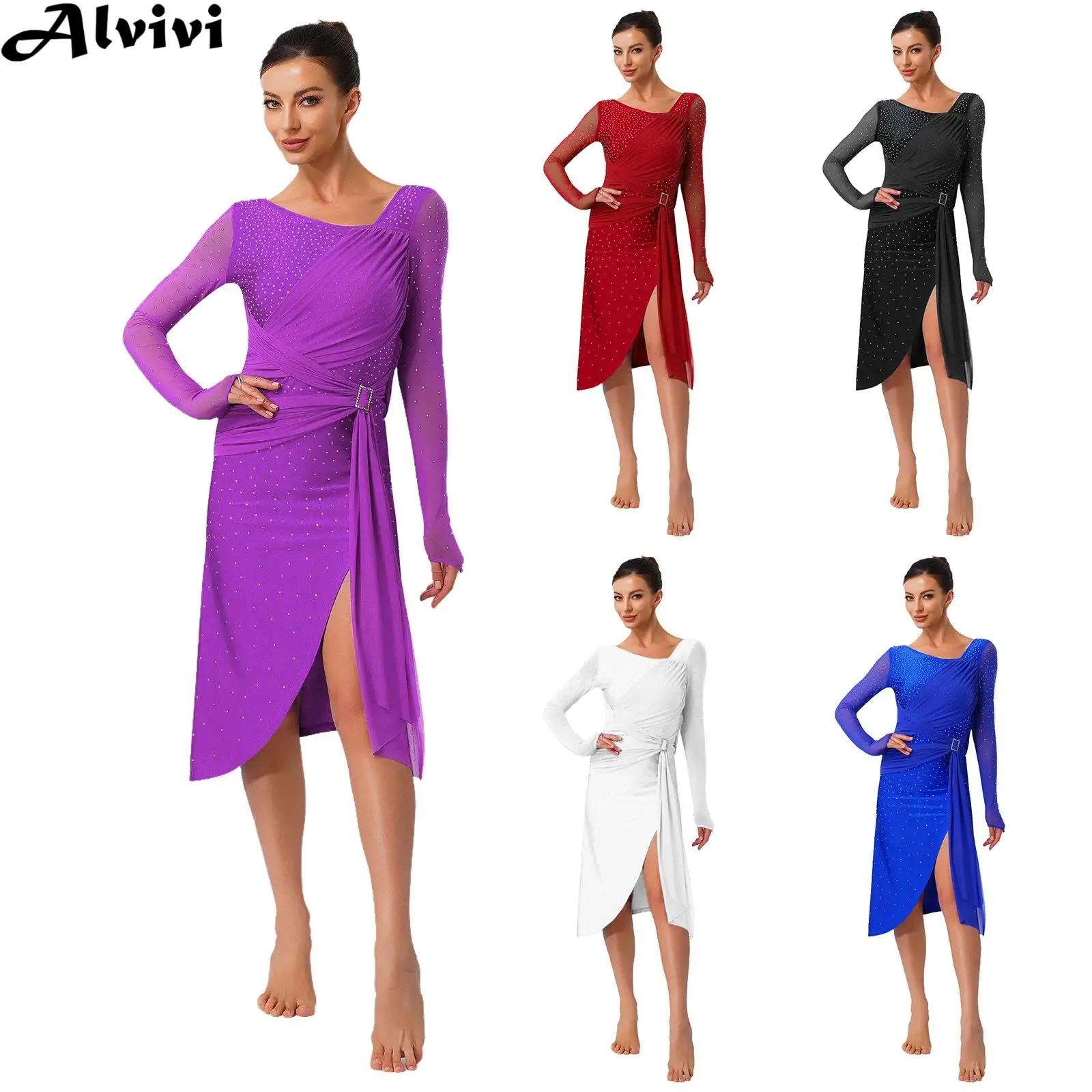 

Женский современный лирический танцевальный костюм, прозрачная сетка с длинным рукавом, блестящее платье со стразами и поясом, разделенное платье для фигурного катания, одежда для латинских танцев