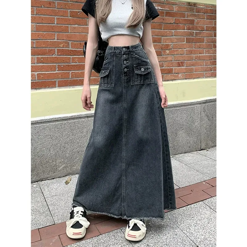 

Autumn Winter Streetwear Vintage Chic Gothic Jupe Y2k High Waist Design Sense Harajuku Long Skirt Denim All-match Mujer Faldas