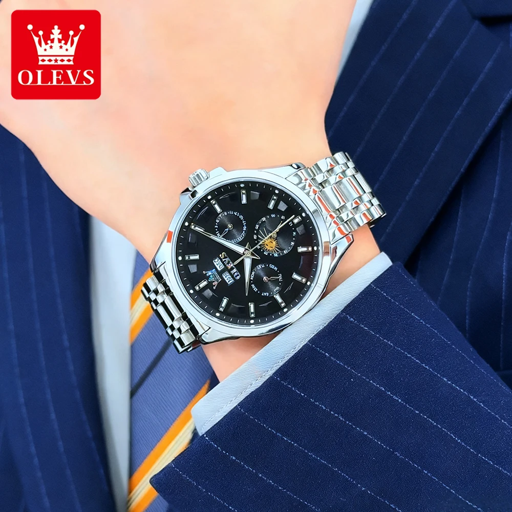 OLEVS Top Brand Men's Watches Trend Fashion Fine Steel Original Automatic Mechanical Wristwatch Moon Phase Calendar Luminous New