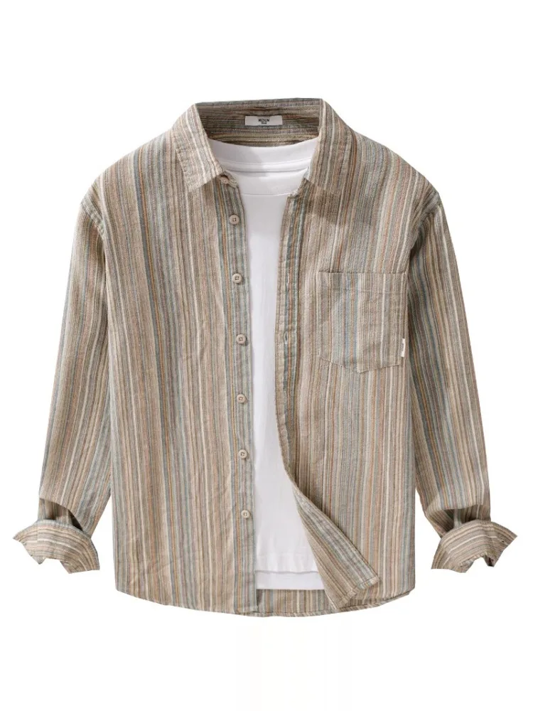 เสื้อเชิ้ตผู้ชายทรงหลวม แขนยาว สไตล์วินเทจ ลายทางญี่ปุ่น สีสันทันสมัย สำหรับฤดูใบไม้ร่วง แบรนด์ Tagkita สำหรับวัยรุ่น