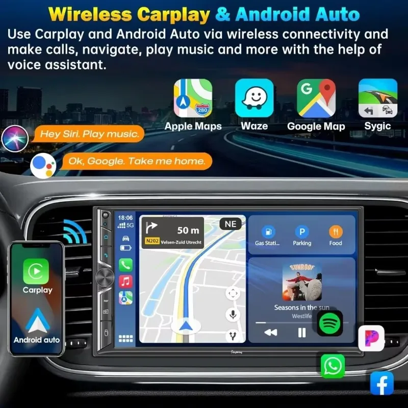 

Горячая распродажа. Автомобильная стереосистема Double Din с беспроводным CarPlay и Android Auto, сенсорным экраном HD, резервной камерой, Bluetooth 5.0,