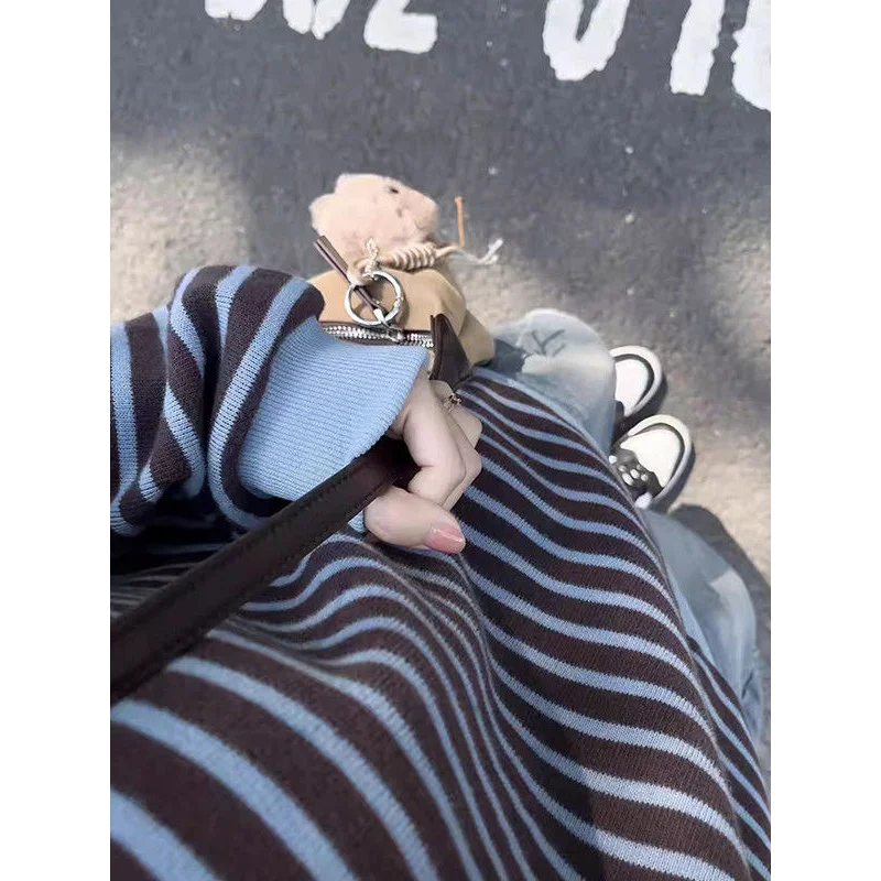 الكورية نمط Preppy طوق مخطط البلوز المرأة الخريف الرجعية تنوعا كتلة اللون فضفاضة عادية كم طويل سترة علوية