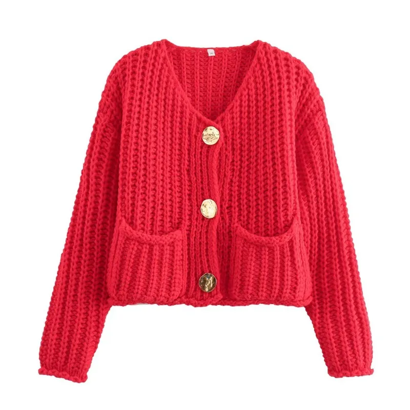 2025 New Solid Color Single Row Round Button Sweater Women Comfortable Casual Double Pocket Coat Fashionable V-neck Knitted Tops