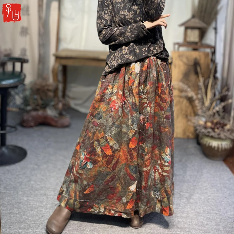 Spring Autumn Arts Style Women Elastic Waist Loose Ankle-length A-line Skirt Vintage Print cotton linen Skirt Top quality P177