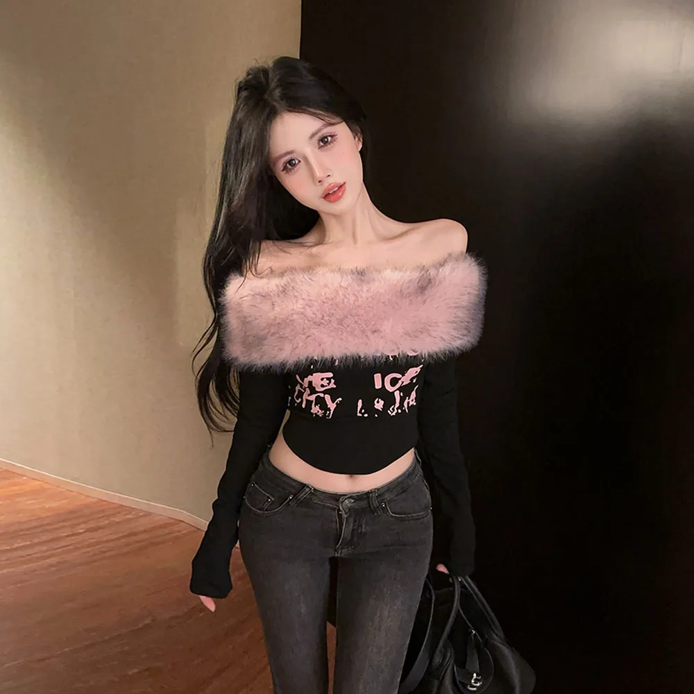 

Sexy ort Sve T-irt One oulder Fur Collar Pure Color Retro Sle Polyester Fabric Long Sve Bodice for Young Women
