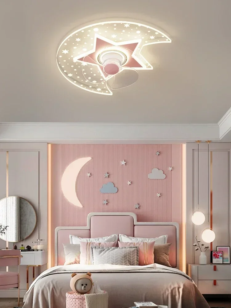 children's room fan light,warm and romantic personality stars, moon shaking head, room electric fan integrated lighting fixture