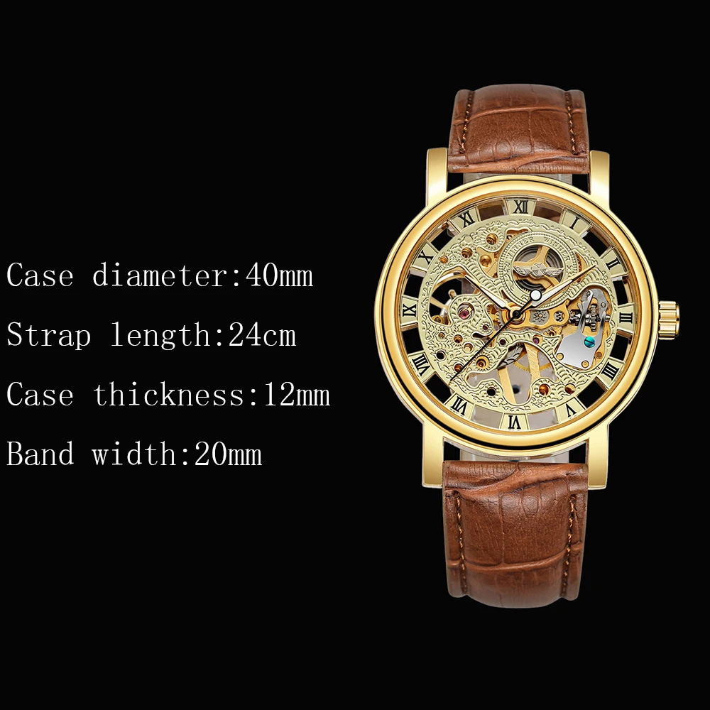 T-WINNER Классические наручные часы со скелетом, полые механические часы с гравировкой, кожаный ремешок, римские цифры, светящиеся указатели, мужские часы