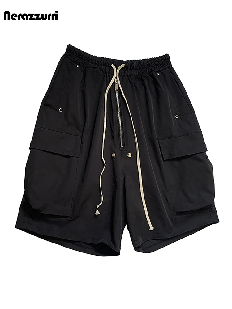 Nerazzurri Spring Summer Black Cargo Shorts for Men with Elastic Waist Drawstring Studded Knee Length Straight Pants Clothes