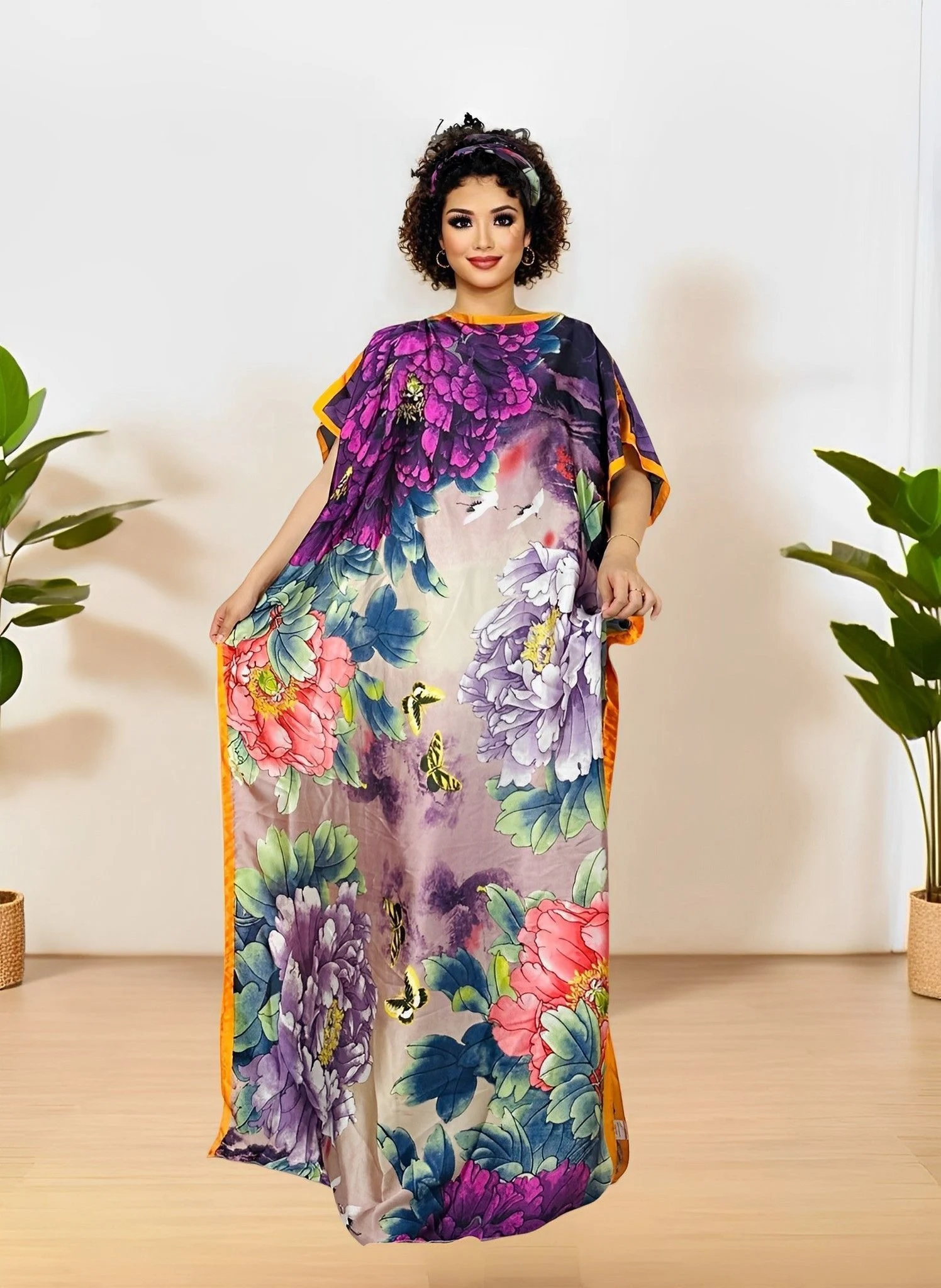 

All-Season Casual to Dressy Wear Floral Print Dress Batwing Sleeves with Scarf