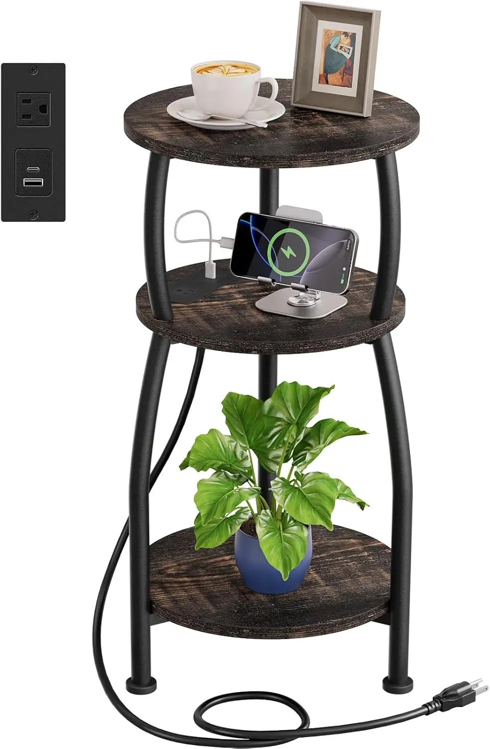 Round Side Table with Power Outlet & USB Ports, 3-Tier End Table with Storage Shelf, Modern Rustic Nightstand, Small Spaces A