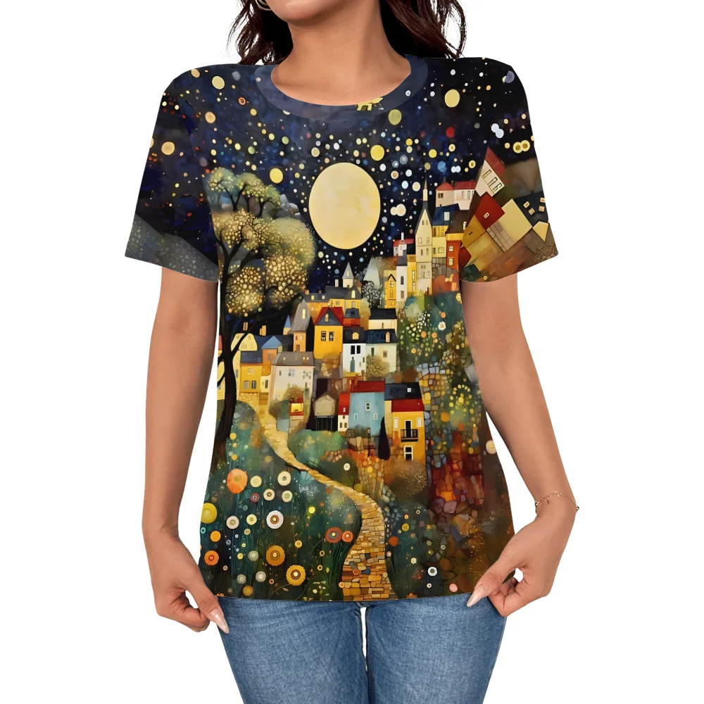 

Women's casual fashion cartoon city 3D printed short sleeved T-shirt women's street fashion personalized top