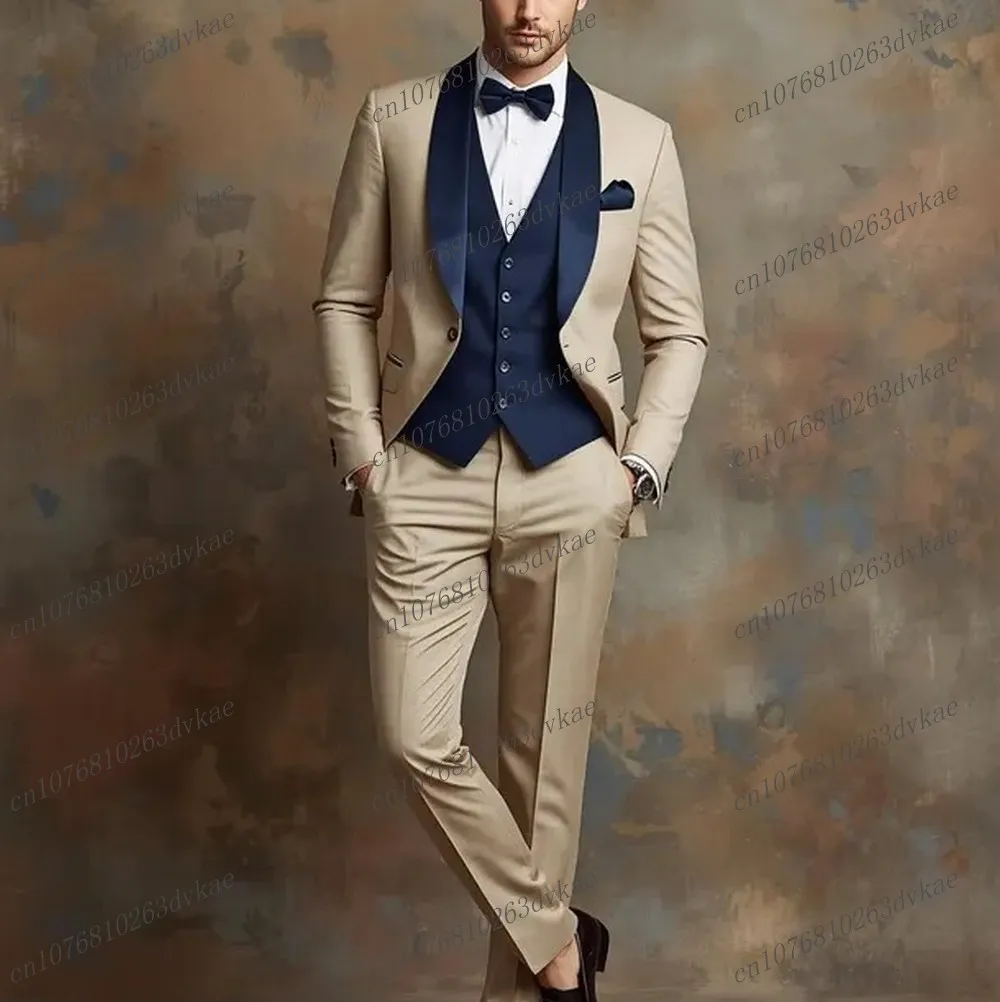 

Champagne And Navy Blue Men Suit Wedding Party Formal Groom Groomsman Prom Business Male Tuxedos 3 Piece Set Jacket Vest Pants