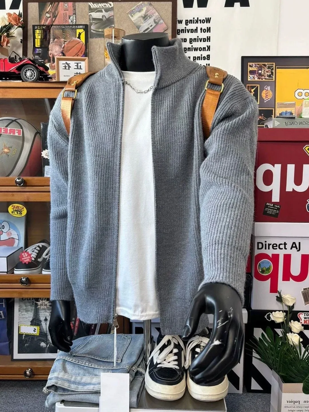 

Cleanfit ey Knitted Cardigan Jaet Men's ort Sle American Retro oulder Stand Collar Sweater Autumn Leisure Faion