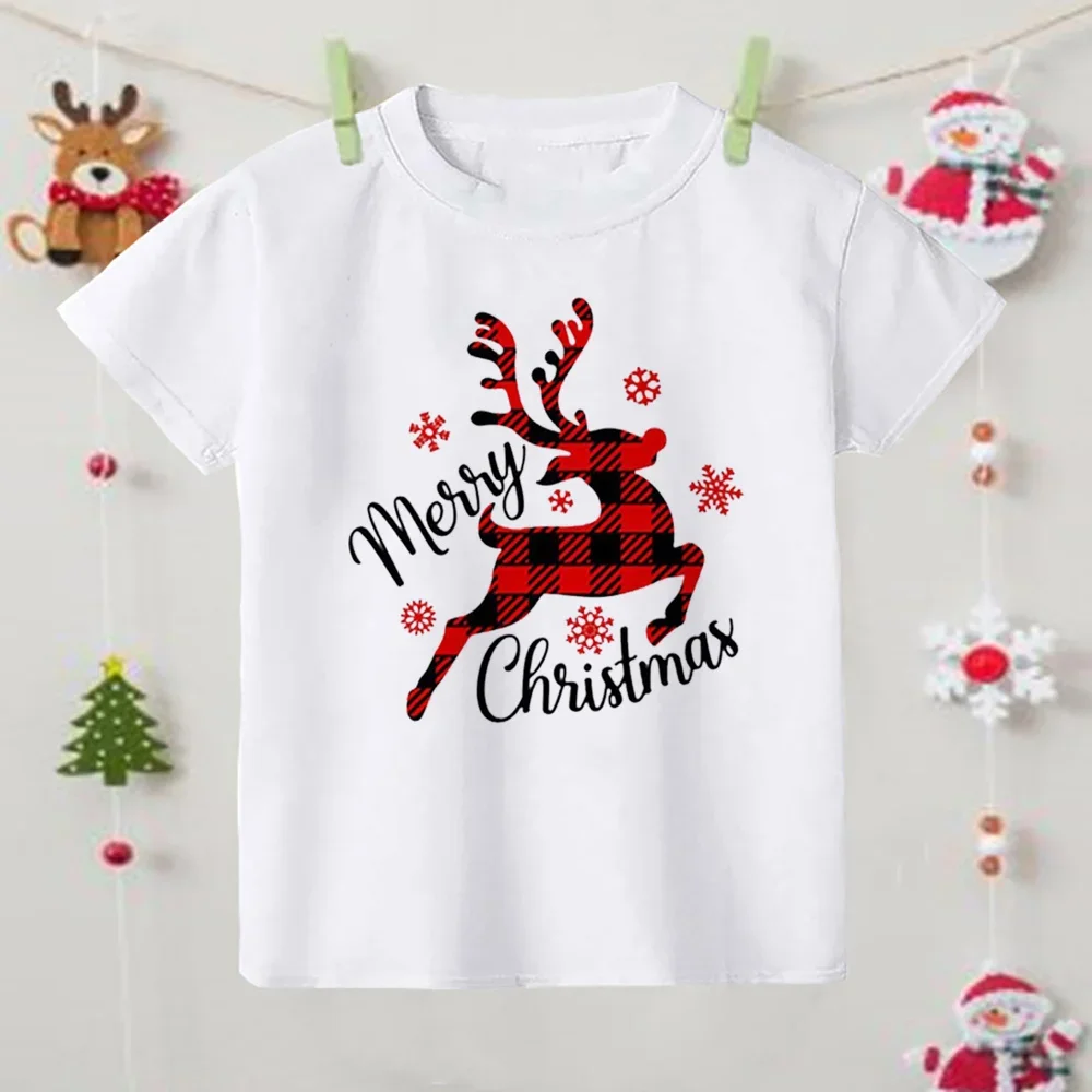 Merry Christmas Deer Print Children Clothes Baby Boys Girls Short Sleeve T-shirt Kids Graphic Tee Xmas Holiday Christmas Shirt