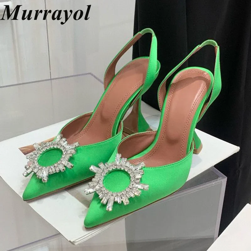 Women's Pointed Toe Silk Satin Sparkling Sunflower Crystal Decor Pumps Back Strap Sandals Spring Summer Sexy Party Dress Shoes