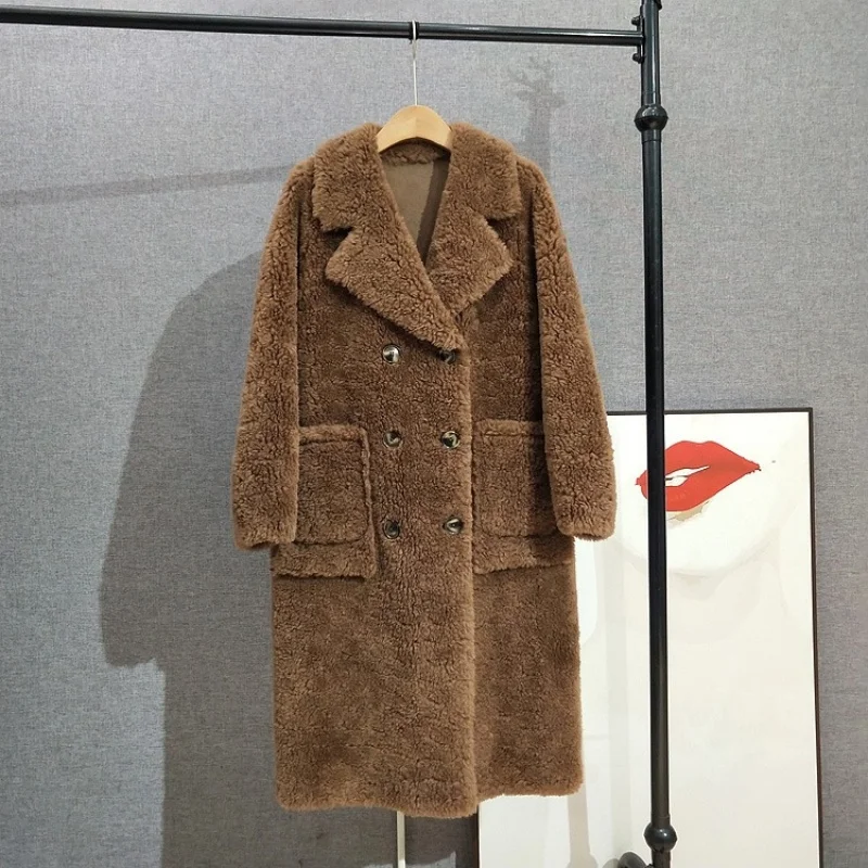 Double-Breasted Suit Collar Lamb Fur Coat Knee-Length Long Sheep Shearling Warm 2025 Winter Outerwear JT511