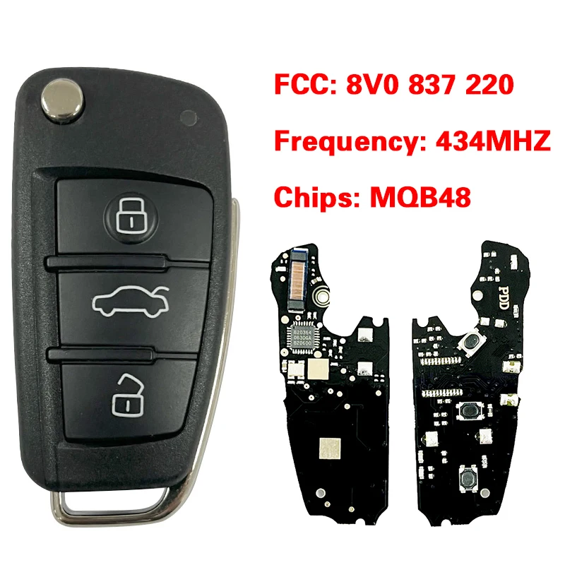 CN008034 Aftermarket 3 Button Flip Remote Key Control Fob 433MHz Megamos MQB 48 AES Chip 8V0 837 220 For A-udi A3 S3 2012-2015