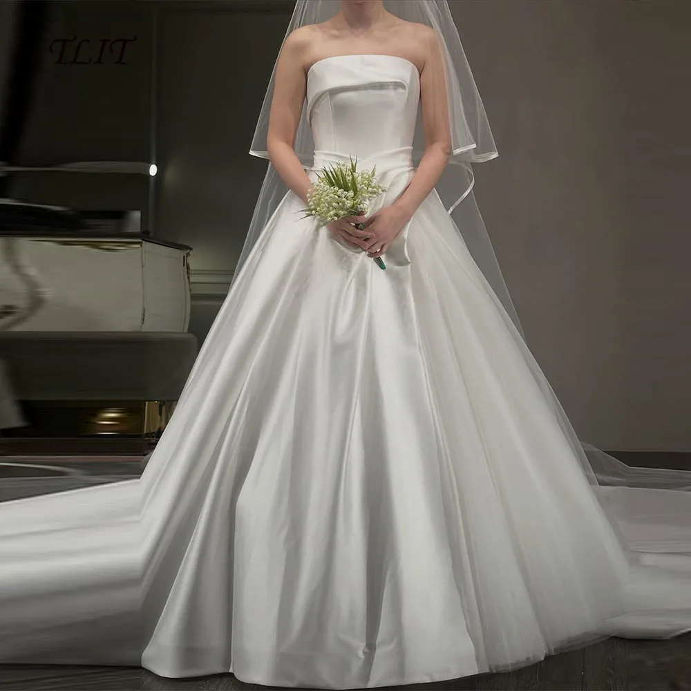 Tlit lindo branco seda cetim tule a linha vestidos de casamento personalizado sem mangas vestidos de noiva coreia fotos sessão
