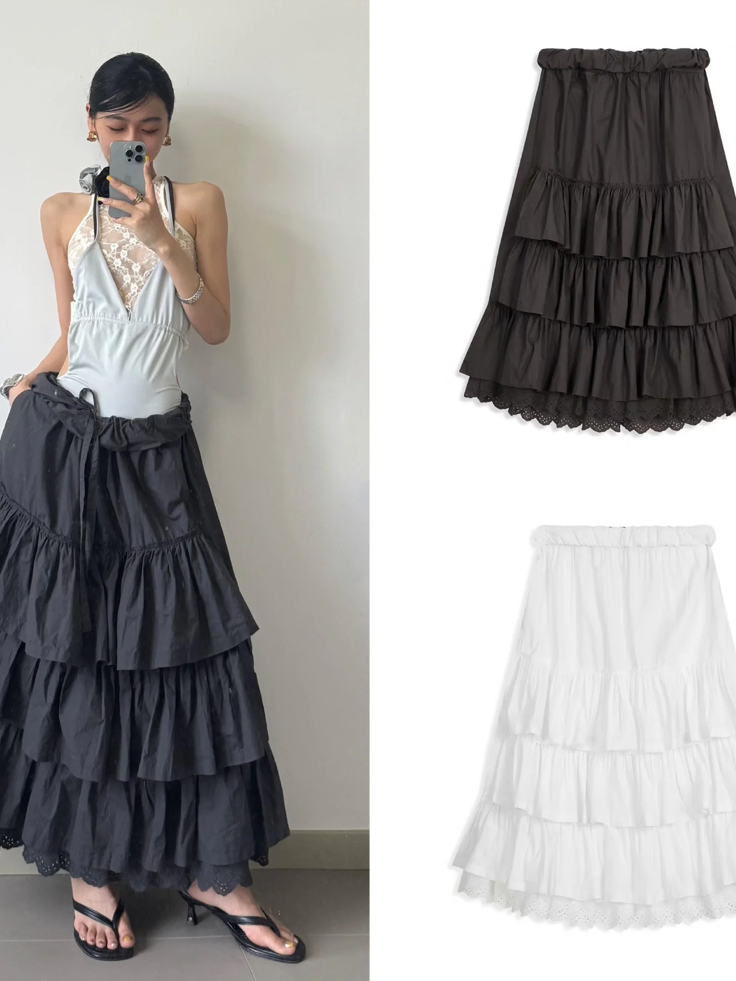 Em camadas de renda retalhos elástico cintura alta bolo saia midi saia coreano sle cor saia longa para mulher