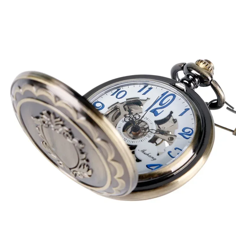 Steampunk Vintage Shield Case Unisex Hand-winding Mechanical Skeleton Pocket Watch for Men Women FOB Clock Collectable Chain