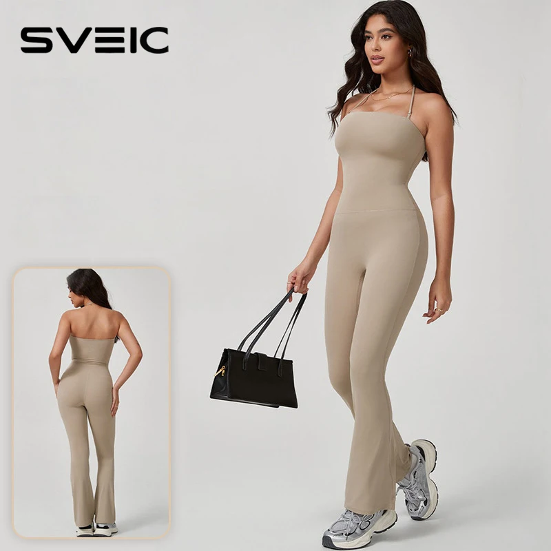 

SVEIC Расклешенные брюки для йоги, комбинезон на бретельках, спортивный фитнес, затягивающая талию, цельный комплект, облегающий боди с подтяжкой ягодиц, женская одежда для спортзала