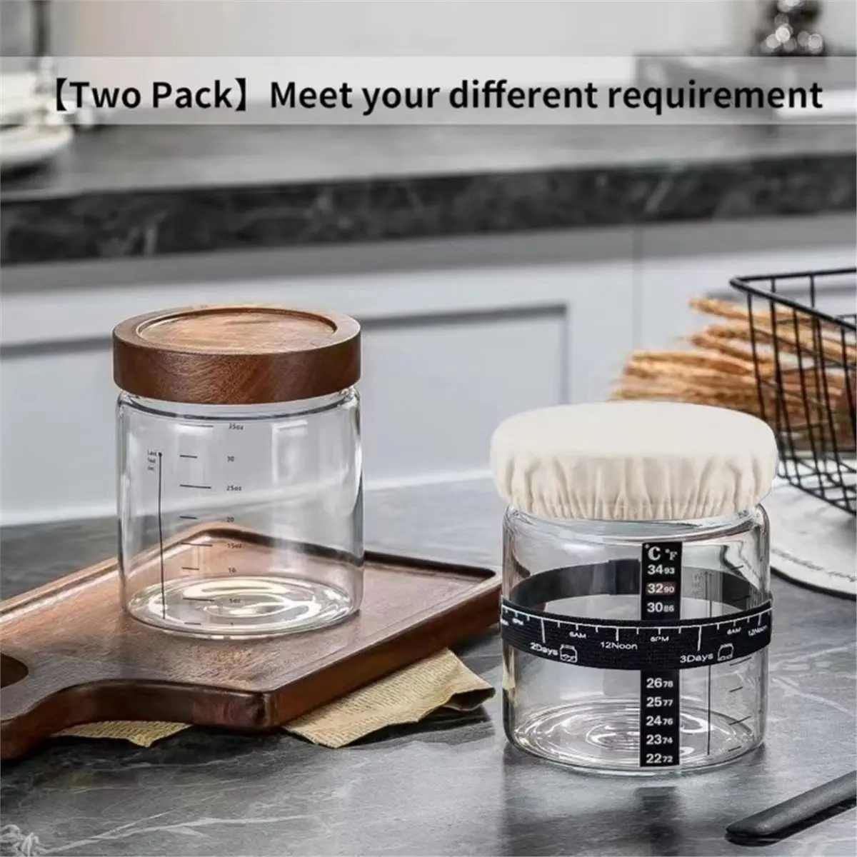 Sourdough Jar 2Pack 35OZ with Ounce Scale Line,Date Marked Feeding Band, Thermometer, Sourdough Jar