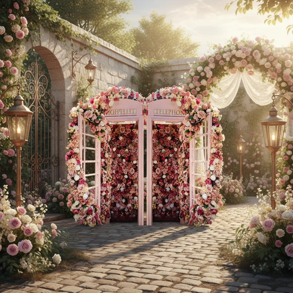 Smooth And Bright Pink Metal Arched Phone Booth With Pink Flowers, London Wedding Phone Booth, Suitable For Party Events And Wed