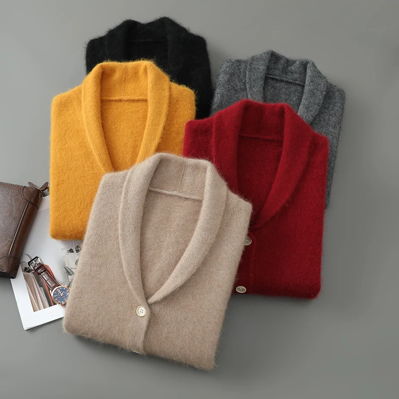 High End Sweater Men\'s Cardigan V-Neck Mink Cashmere Knit Sweater With Lapel Pocket 2024 Autumn Winter Solid Color Loose Jackets