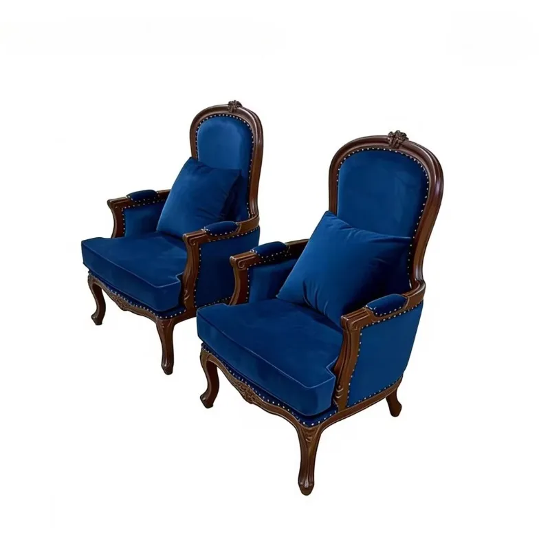 American retro blue flannel single sofa chair solid wood carving flower living room furniture dining chair B & B medieval armcha