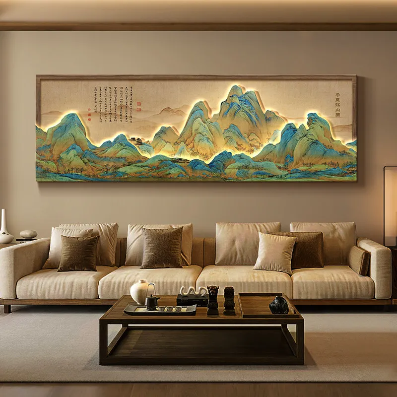 Thousand mile landscape painting, Chinese landscape sofa, background wall decoration, mural lamp