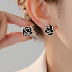 Sexy and Shiny Rhinestone Black Camellia Flower Earrings Luxury Accessories for 2024 Fashion Jewelry Women's and Girls' Party